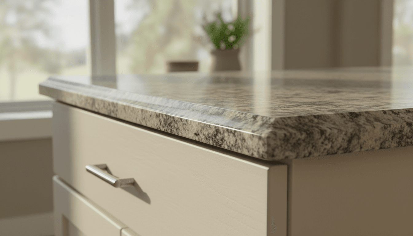 Close-up of a granite countertop edge showing precise cut and finish