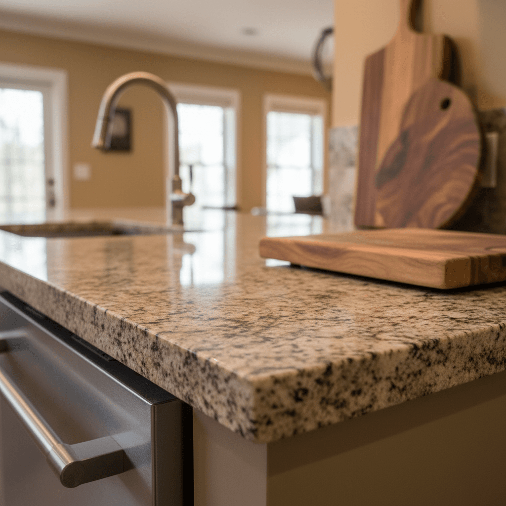Custom granite kitchen counter with polished edge