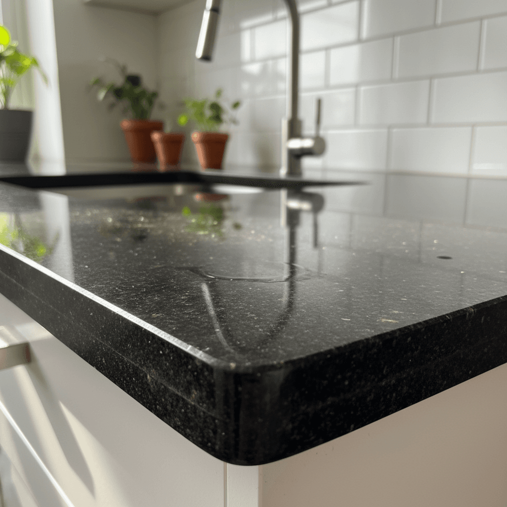 Polished granite countertop with a clean, exact edge in a bright kitchen