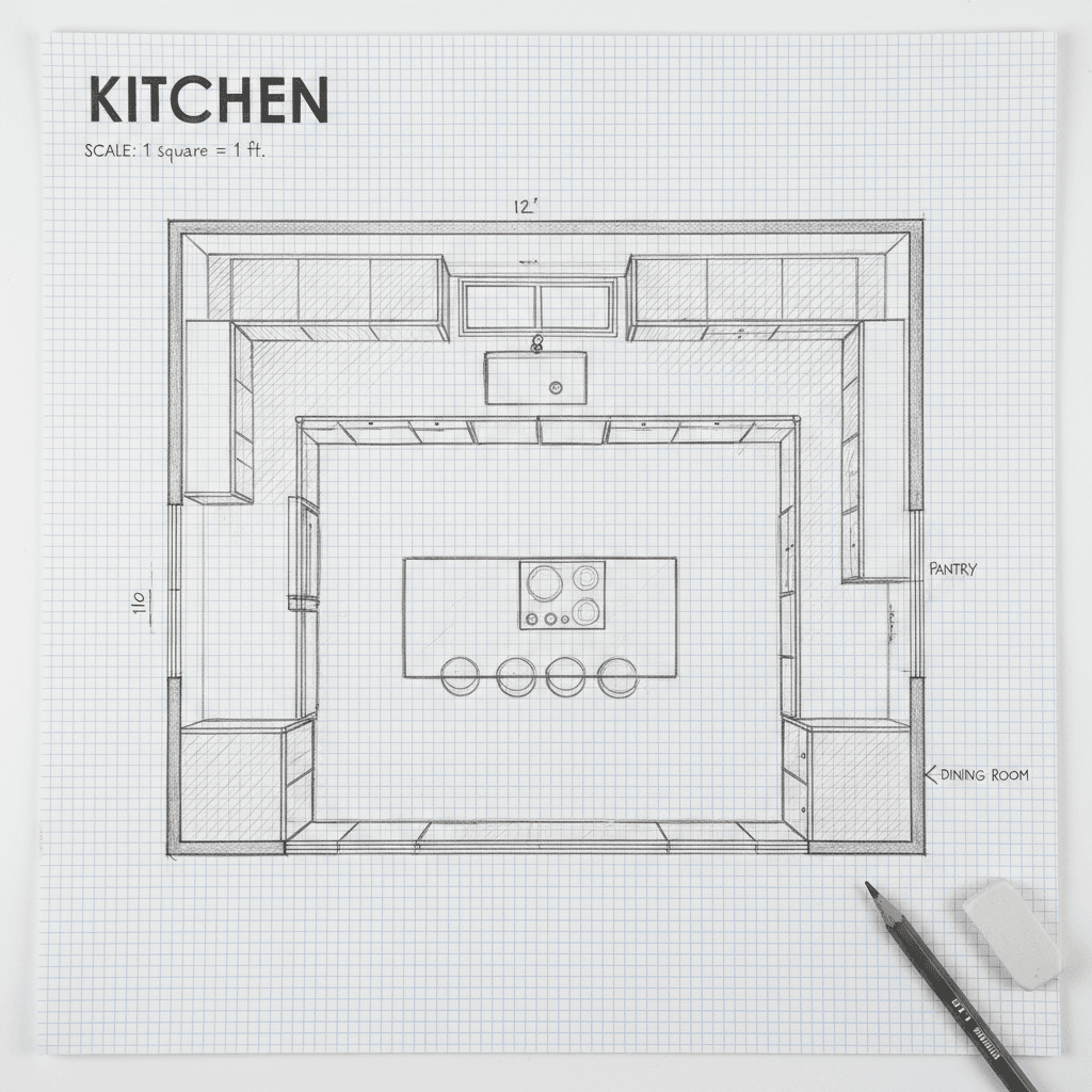 Kitchen layout drawing with pencil on graph paper