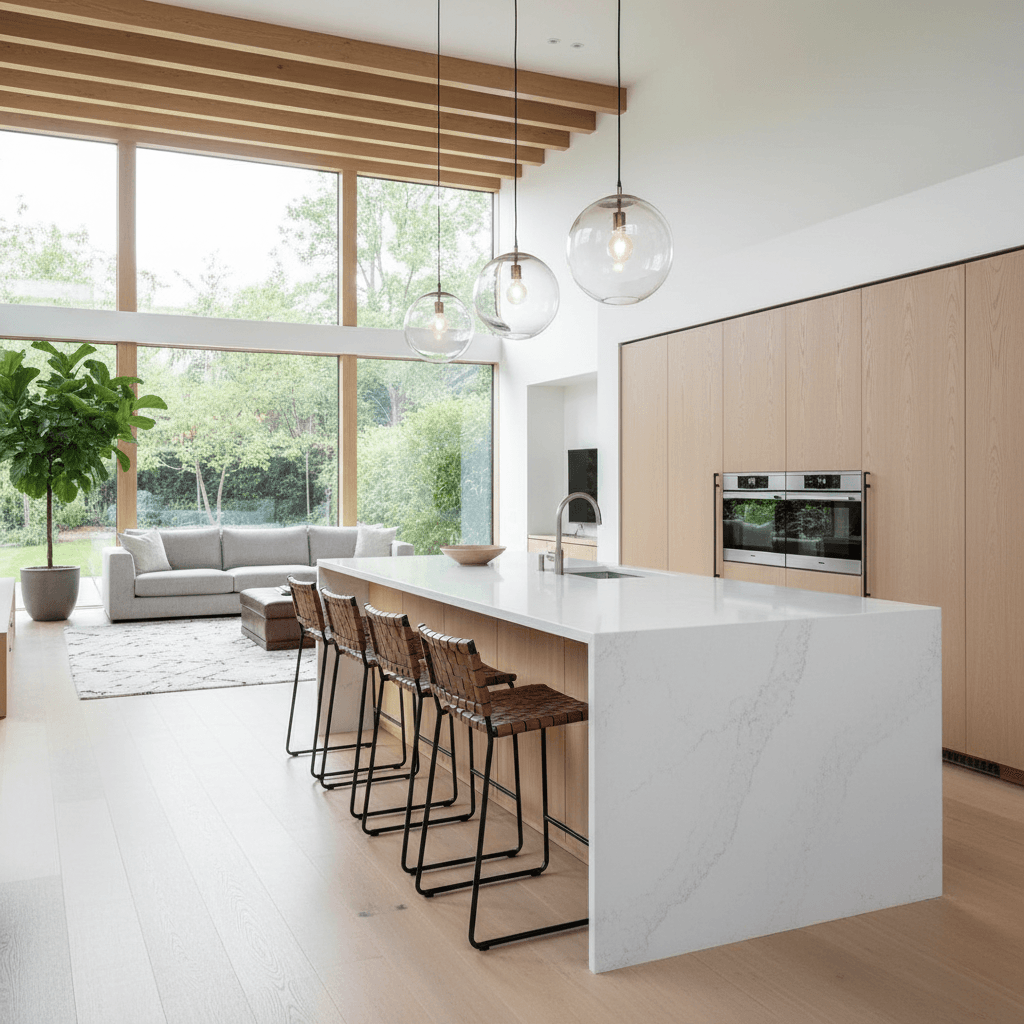 Kitchen island with a quartz waterfall edge and bar seating