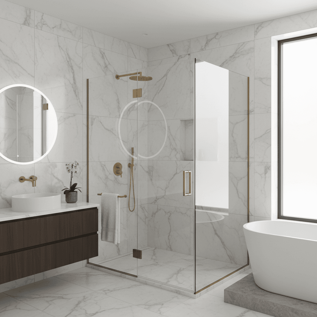 Marble shower surround with large format tiles in a modern bathroom