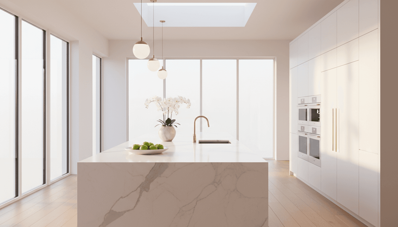 Modern kitchen with marble countertops and a large island in natural light