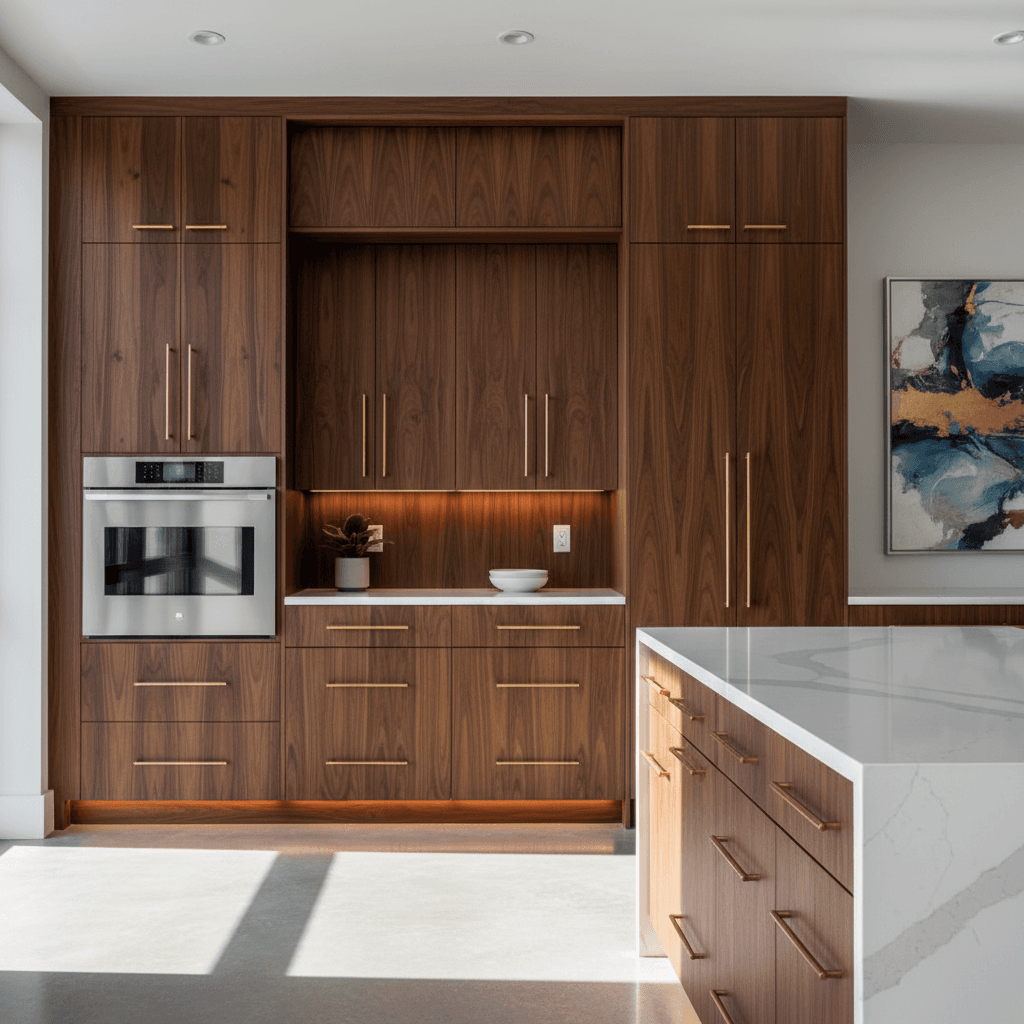 Custom kitchen cabinets with wood grain and modern hardware