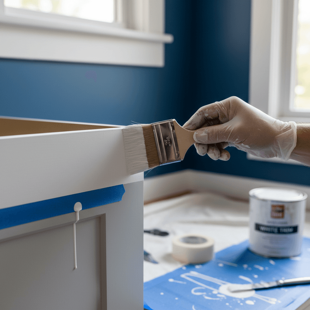 Close up of a painter applying trim paint in a kitchen