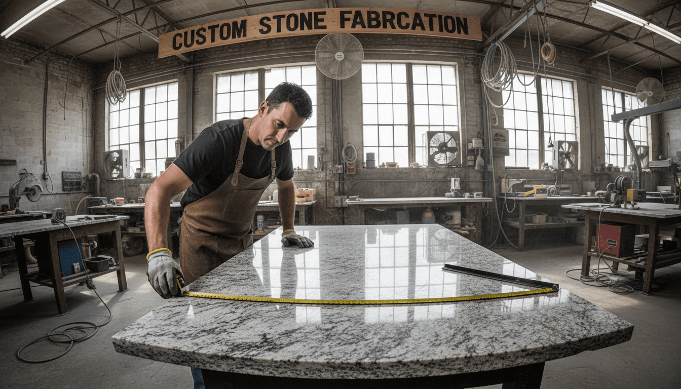Craftsman measuring a stone slab for custom countertop fabrication