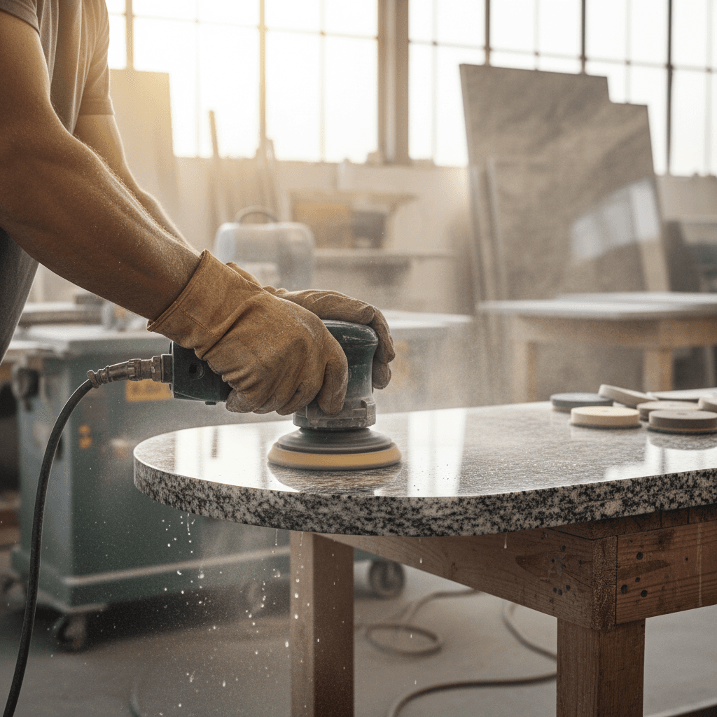 Close-up of hands polishing a granite countertop edge in a stone workshop