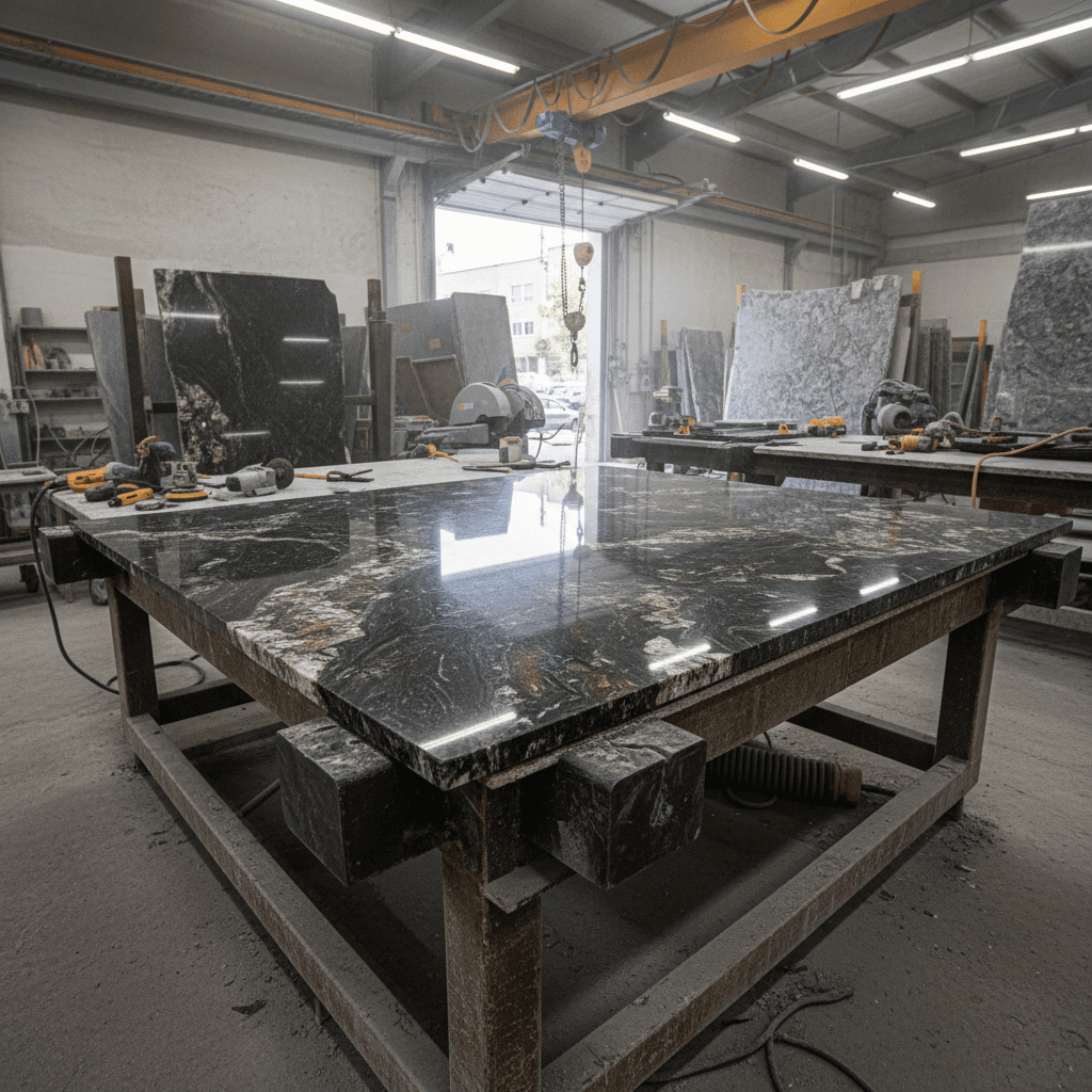 Polished granite slab on a fabrication table in a stone shop