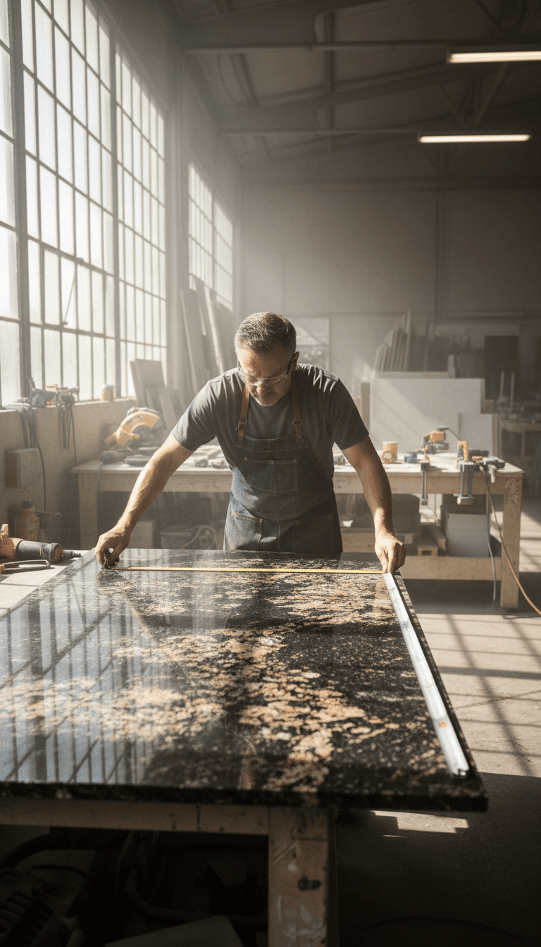 Stone fabricator measuring a granite slab in the workshop