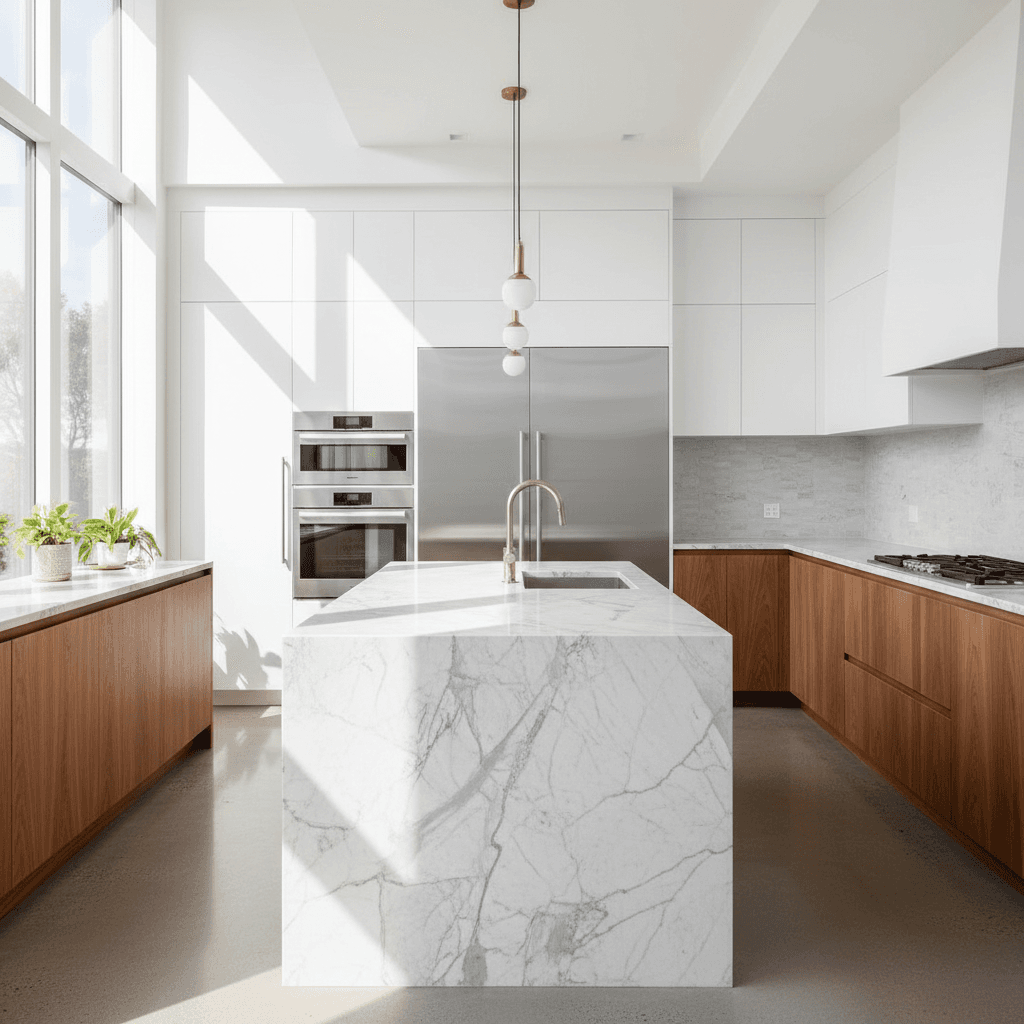 Custom stone countertops and modern cabinetry in a finished kitchen remodel
