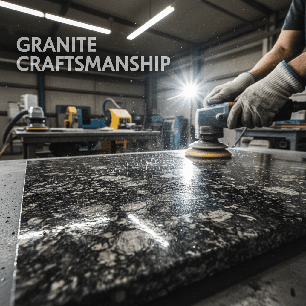 Craftsman's hands guiding a polished stone slab in the workshop