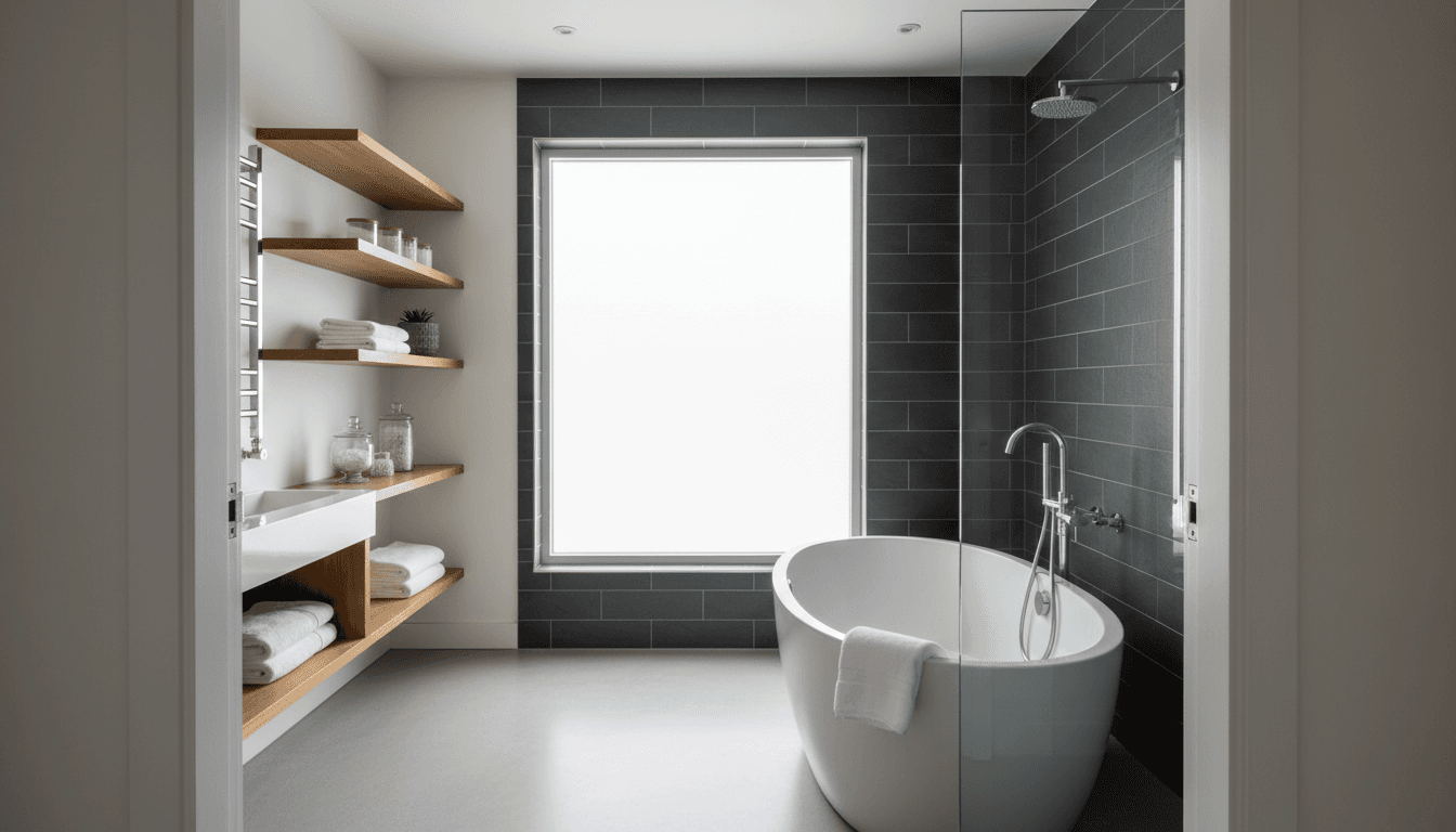 Newly remodeled bathroom with custom stone shower walls