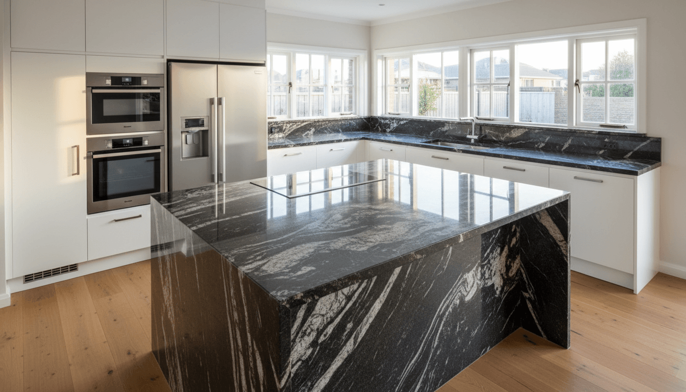 Completed custom stone kitchen island in a remodeled home