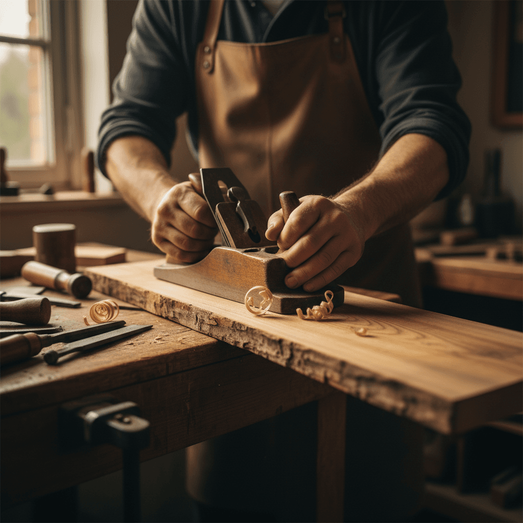 Craftsman measuring a quartz slab in a stone workshop