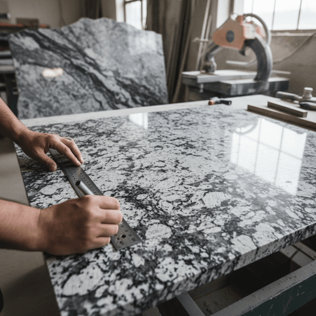 Craftsman positioning a natural stone slab on a kitchen countertop